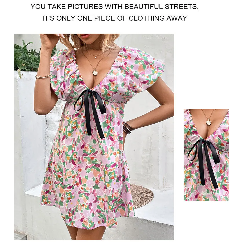 Women's Regular Dress Vacation V Neck Printing Short Sleeve Ditsy Floral Above Knee Holiday Daily Beach display picture 4