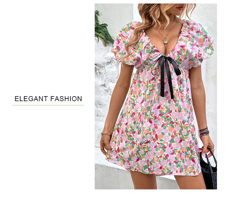 Women's Regular Dress Vacation V Neck Printing Short Sleeve Ditsy Floral Above Knee Holiday Daily Beach display picture 6
