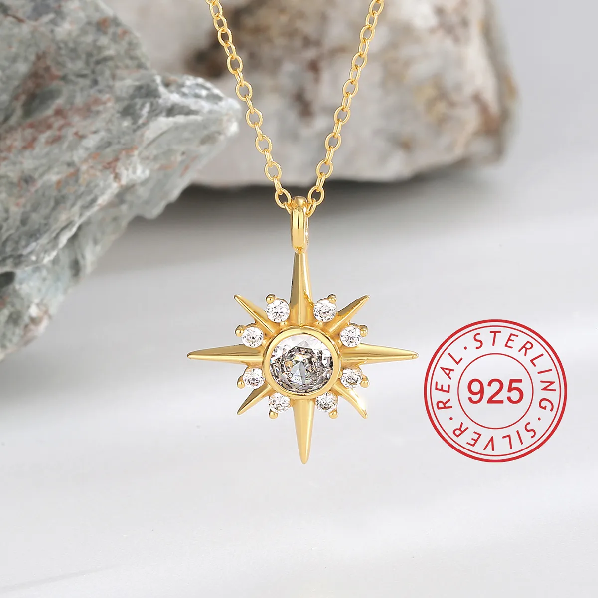 925 Sterling Silver Zircon Inlay Sun Star Heart Shape Pendant Necklace display picture 12