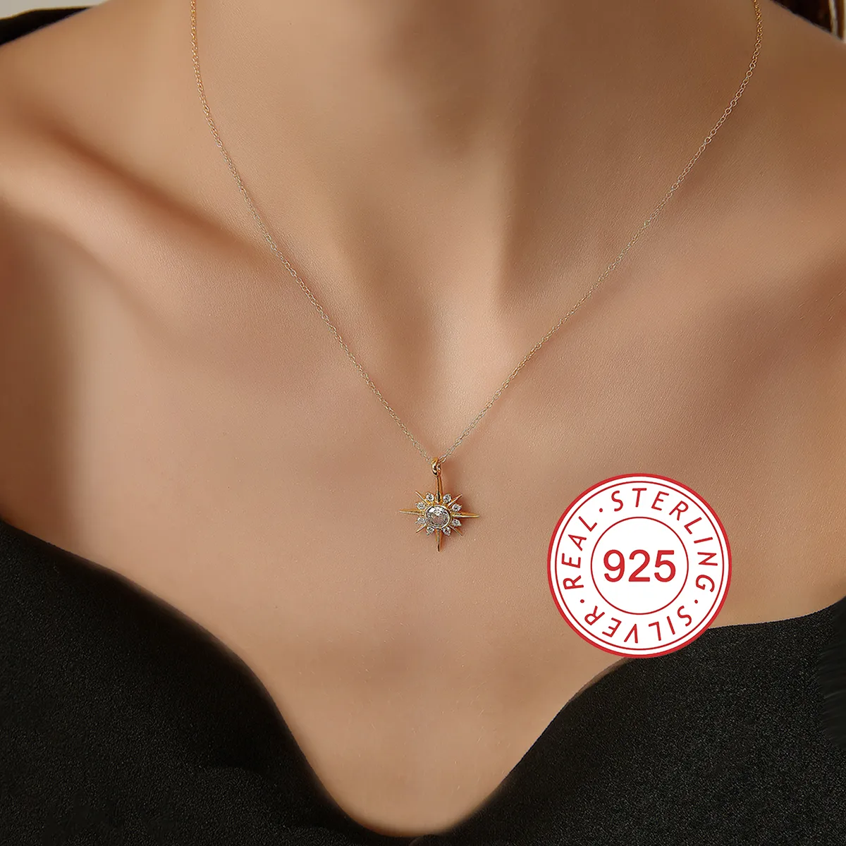 925 Sterling Silver Zircon Inlay Sun Star Heart Shape Pendant Necklace display picture 11