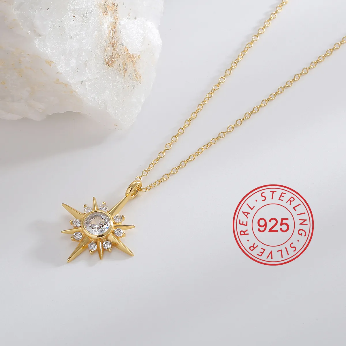 925 Sterling Silver Zircon Inlay Sun Star Heart Shape Pendant Necklace display picture 14