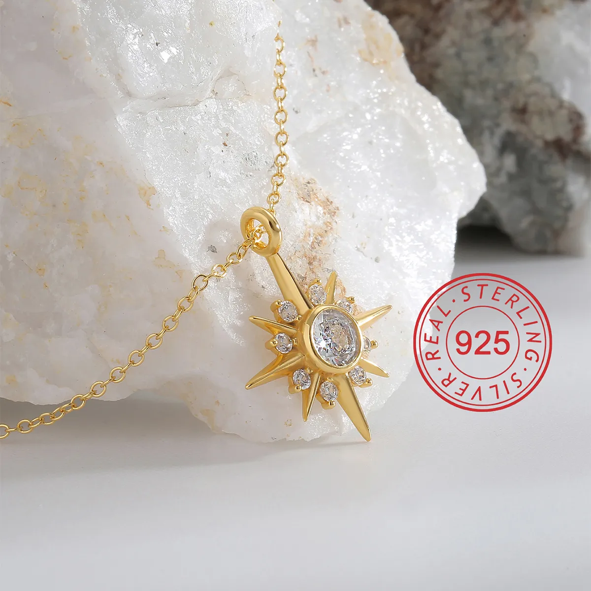 925 Sterling Silver Zircon Inlay Sun Star Heart Shape Pendant Necklace display picture 15