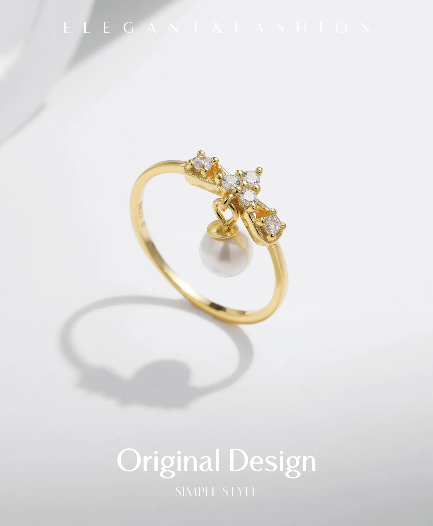 14K Gold Plated 925 Sterling Silver Artificial Pearls Zircon Bow Knot Charm Rings display picture 1