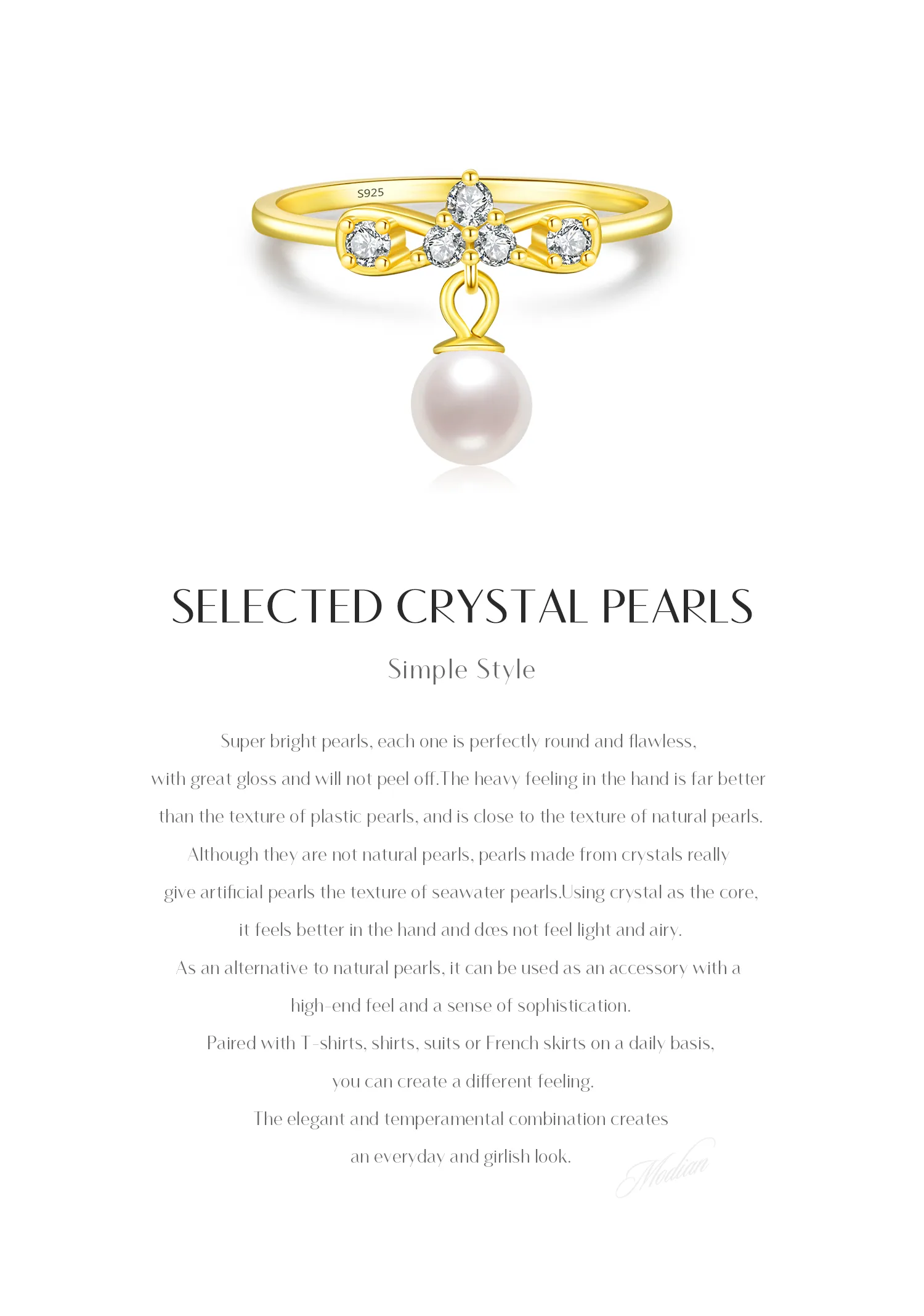 14K Gold Plated 925 Sterling Silver Artificial Pearls Zircon Bow Knot Charm Rings display picture 2