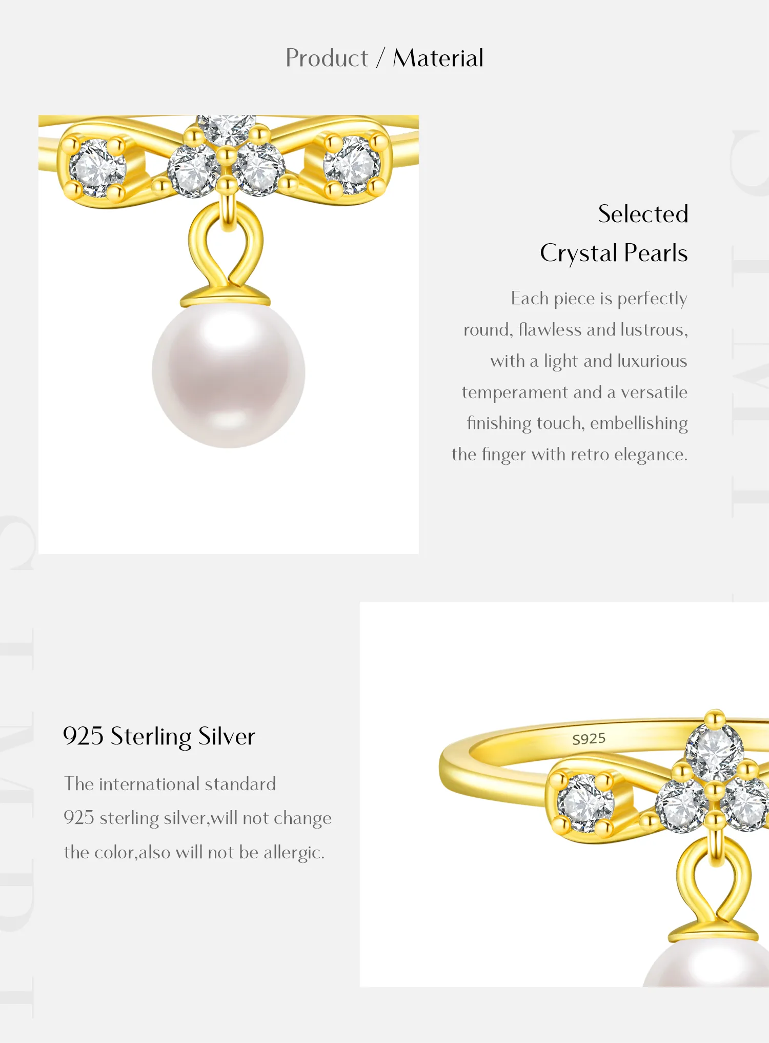 14K Gold Plated 925 Sterling Silver Artificial Pearls Zircon Bow Knot Charm Rings display picture 3