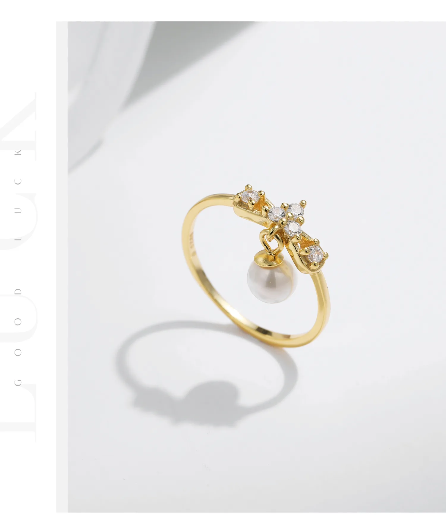 14K Gold Plated 925 Sterling Silver Artificial Pearls Zircon Bow Knot Charm Rings display picture 6