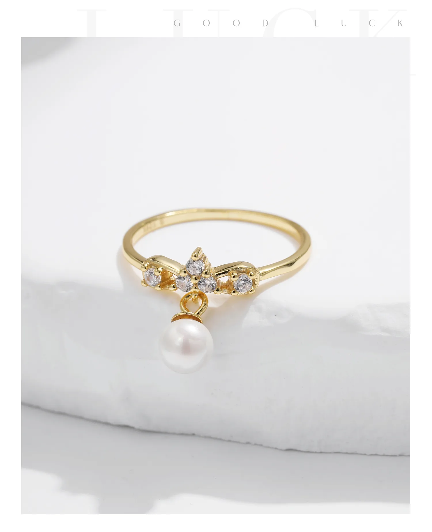 14K Gold Plated 925 Sterling Silver Artificial Pearls Zircon Bow Knot Charm Rings display picture 7