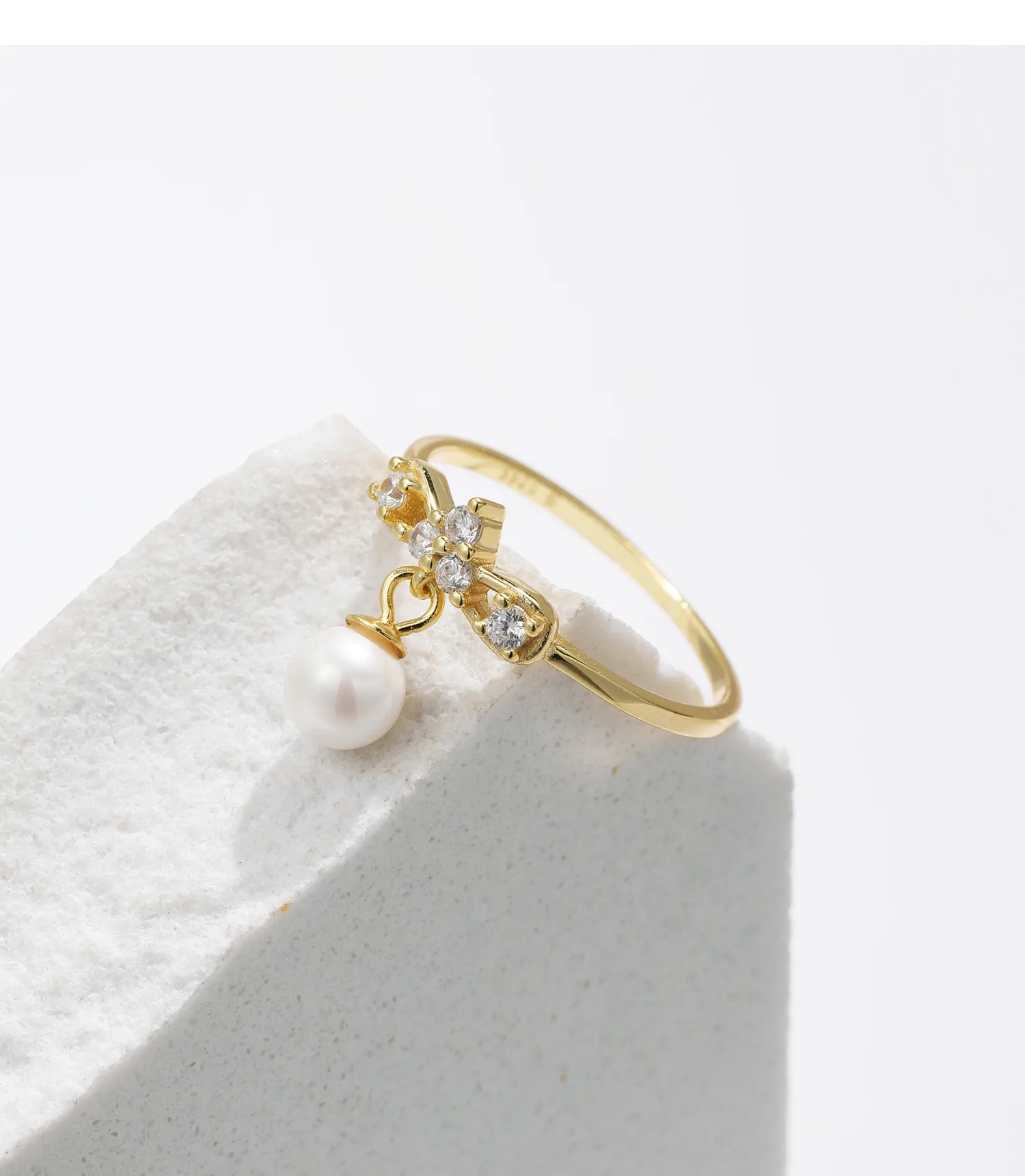 14K Gold Plated 925 Sterling Silver Artificial Pearls Zircon Bow Knot Charm Rings display picture 8
