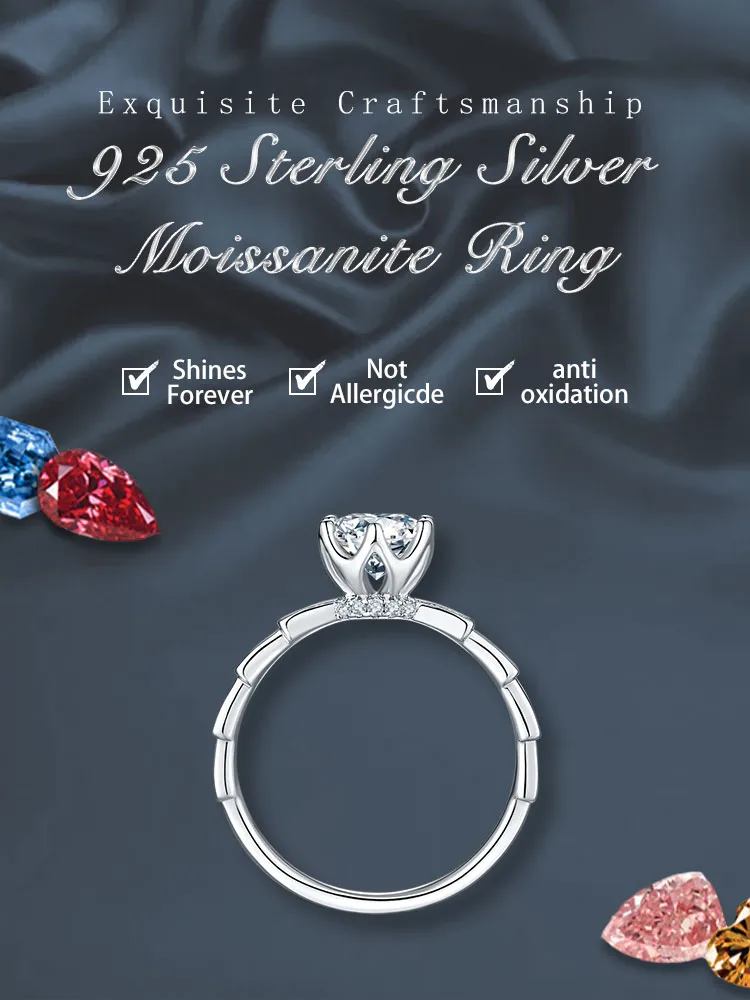 1.0ct 925 Sterling Silver Moissanite Round Rings display picture 1