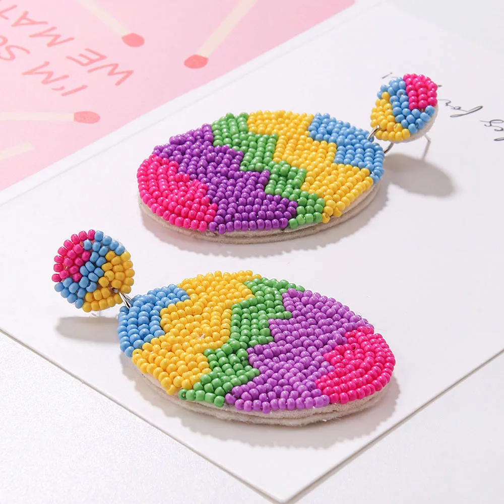 1 Pair Retro Geometric Colorful Egg Beaded Stainless Steel Cloth Glass display picture 2