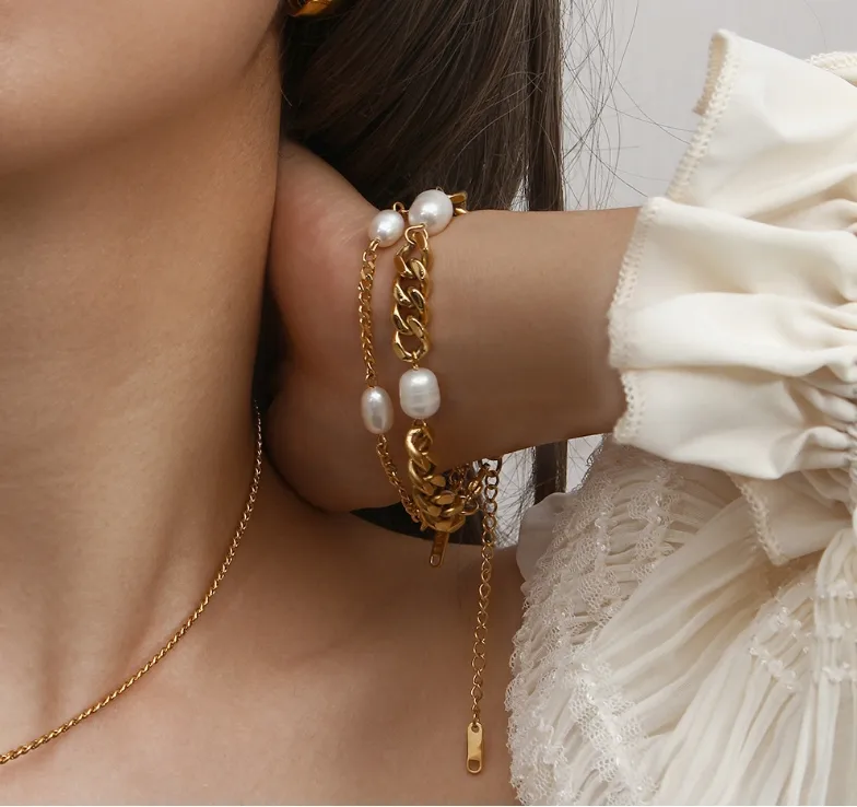 Simple Style Classic Style Solid Color 304 Stainless Steel Titanium Steel 18K Gold Plated Freshwater Pearl Bracelets In Bulk display picture 5