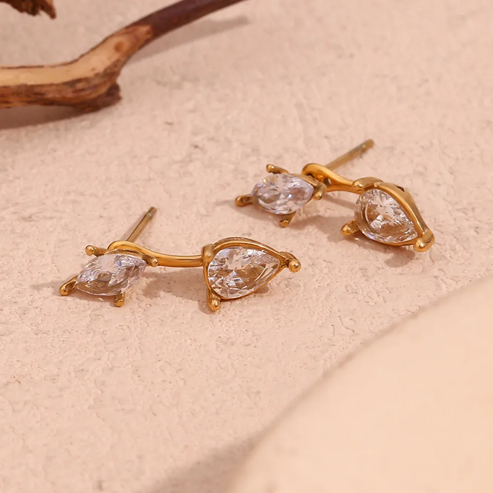 1 Pair Basic Simple Style Classic Style Water Droplets Plating Inlay 304 Stainless Steel Zircon 18K Gold Plated Ear Studs display picture 1