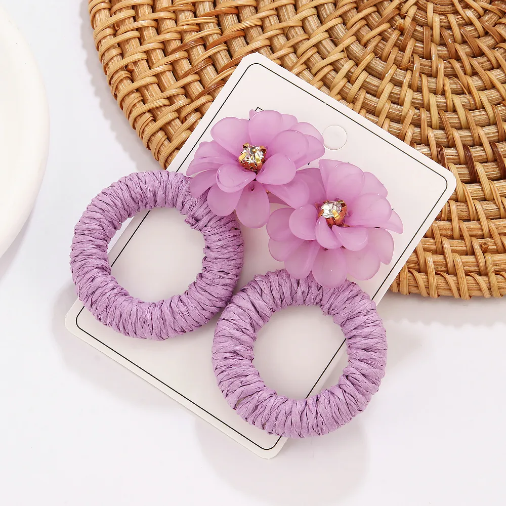 1 Pair Vacation Beach Sweet Circle Flower Arylic Raffia Hoop Earrings display picture 7