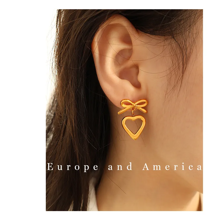 1 Pair Simple Style Heart Shape Plating Inlay Glass Bead Titanium Steel Rhinestones Glass Bead 18K Gold Plated Drop Earrings display picture 7