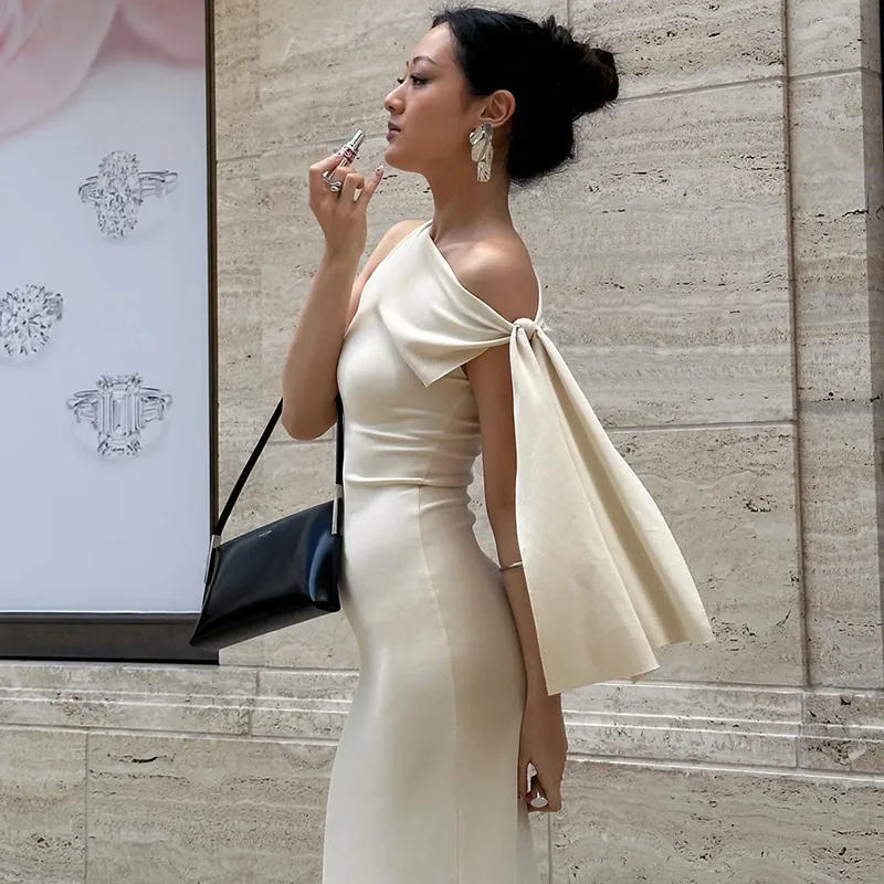 Women's Sheath Dress Sexy Oblique Collar Ribbon Sleeveless Solid Color Maxi Long Dress Party Date Bar display picture 3