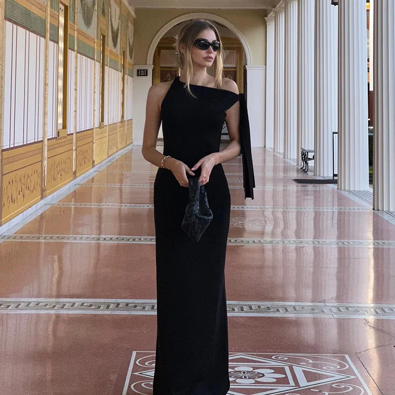 Women's Sheath Dress Sexy Oblique Collar Ribbon Sleeveless Solid Color Maxi Long Dress Party Date Bar display picture 7
