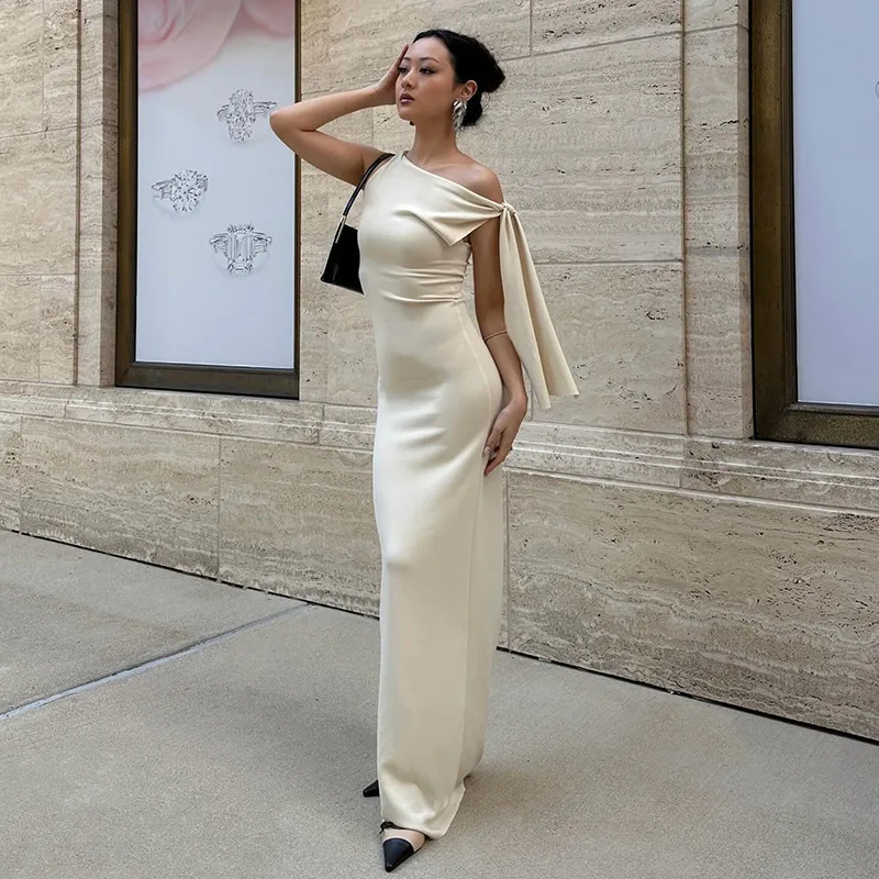 Women's Sheath Dress Sexy Oblique Collar Ribbon Sleeveless Solid Color Maxi Long Dress Party Date Bar display picture 9