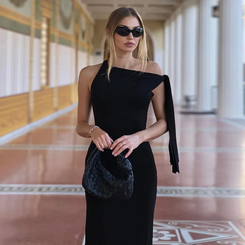 Women's Sheath Dress Sexy Oblique Collar Ribbon Sleeveless Solid Color Maxi Long Dress Party Date Bar display picture 10