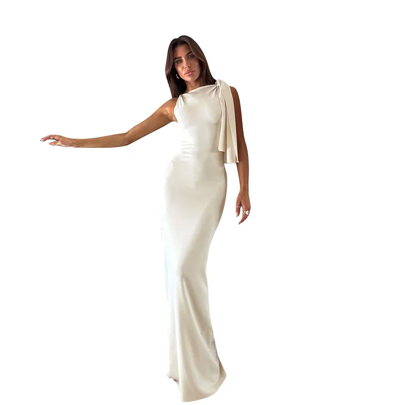 Women's Sheath Dress Sexy Oblique Collar Ribbon Sleeveless Solid Color Maxi Long Dress Party Date Bar display picture 11