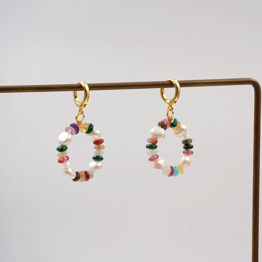 1 Pair Vintage Style Simple Style Geometric Beaded Natural Stone Freshwater Pearl Copper Gold Plated Drop Earrings display picture 2