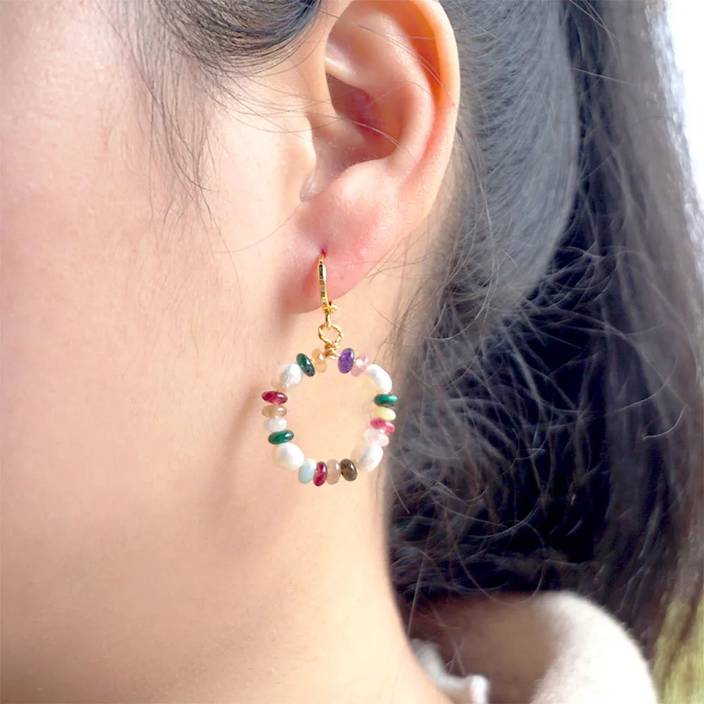 1 Pair Vintage Style Simple Style Geometric Beaded Natural Stone Freshwater Pearl Copper Gold Plated Drop Earrings display picture 1