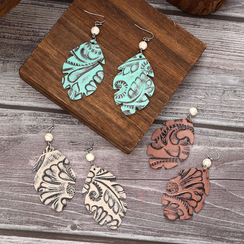 1 Pair Vintage Style Classic Style Geometric Leaves Pu Leather Turquoise Drop Earrings display picture 1