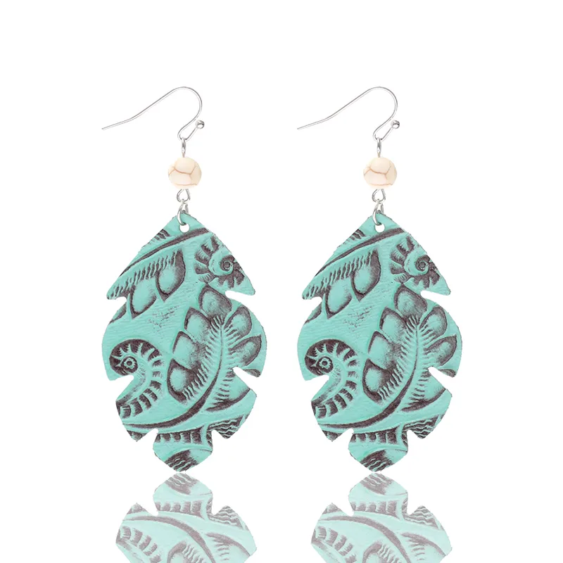 1 Pair Vintage Style Classic Style Geometric Leaves Pu Leather Turquoise Drop Earrings display picture 6