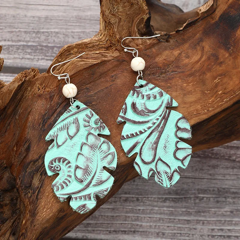 1 Pair Vintage Style Classic Style Geometric Leaves Pu Leather Turquoise Drop Earrings display picture 2