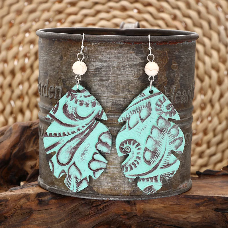 1 Pair Vintage Style Classic Style Geometric Leaves Pu Leather Turquoise Drop Earrings display picture 3