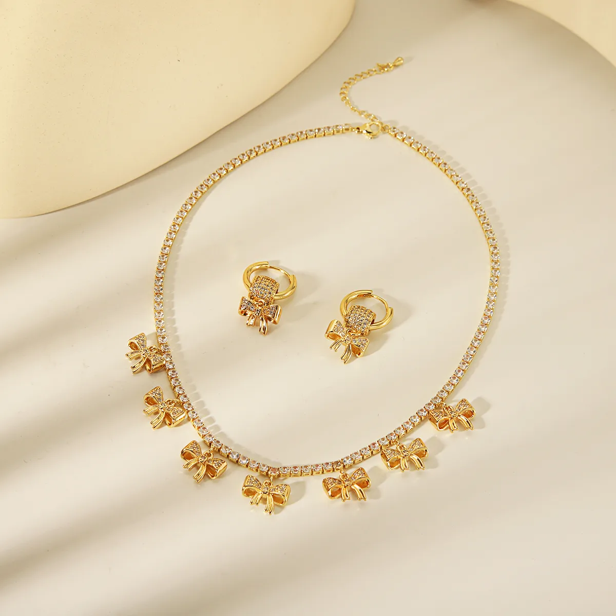 Copper 18K Gold Plated IG Style Romantic Commute Plating Inlay Bow Knot Zircon Earrings Necklace display picture 1