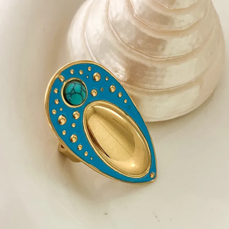 Hip-Hop Artistic Commute Oval Heart Shape Rhombus 304 Stainless Steel 14K Gold Plated Turquoise Rings In Bulk display picture 4