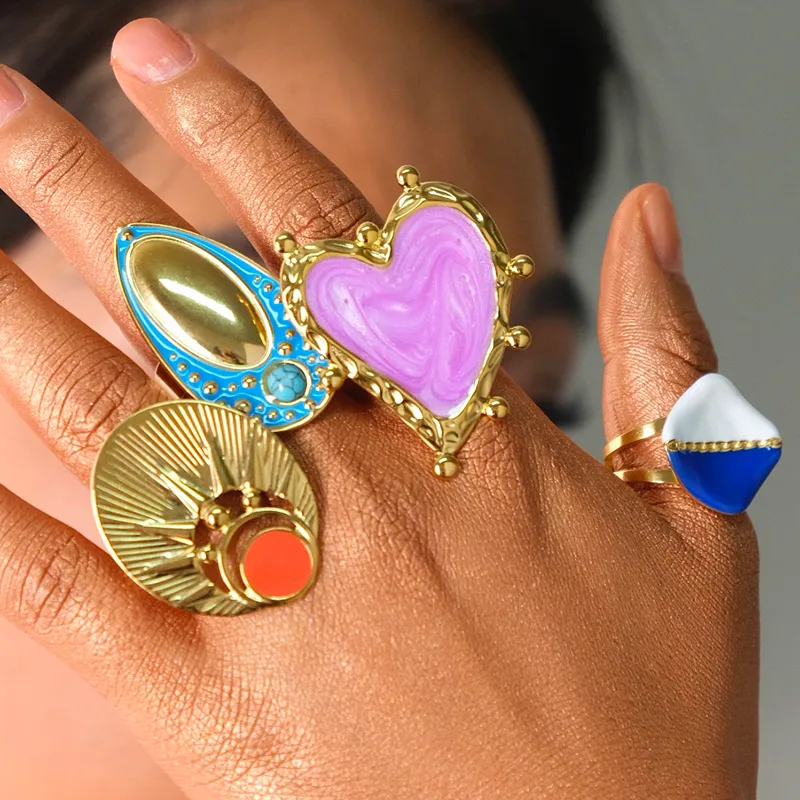 Hip-Hop Artistic Commute Oval Heart Shape Rhombus 304 Stainless Steel 14K Gold Plated Turquoise Rings In Bulk display picture 1