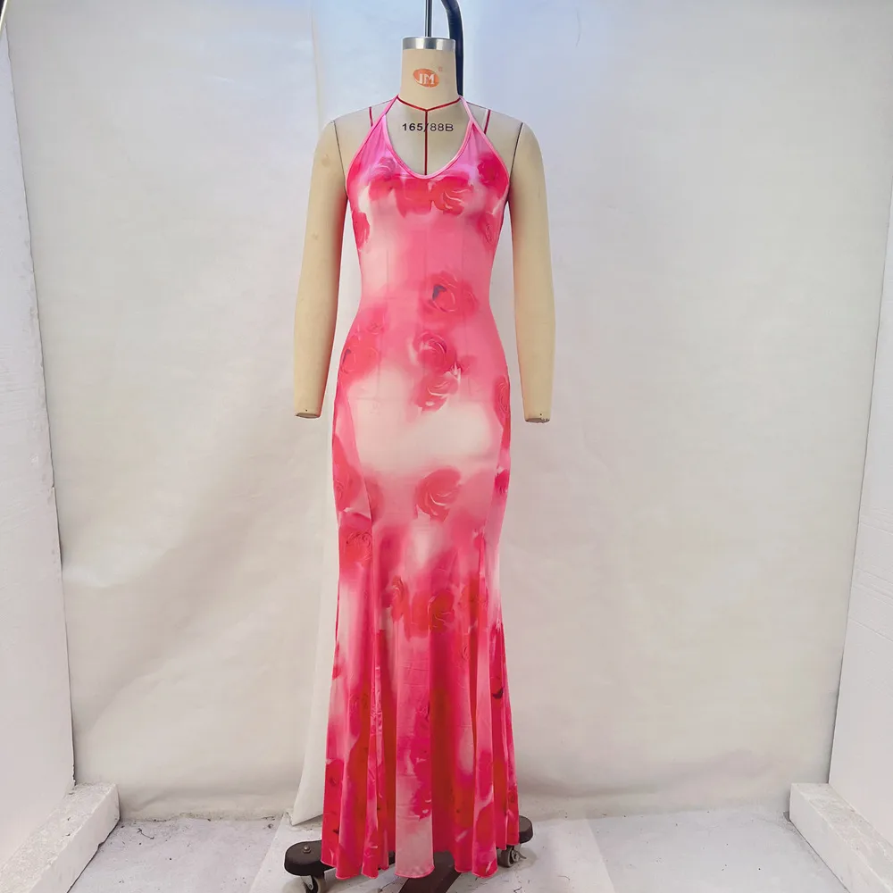 Women's Trumpet Dress Streetwear Halter Neck Printing Backless Sleeveless Tie Dye Midi Dress Beach Date display picture 1