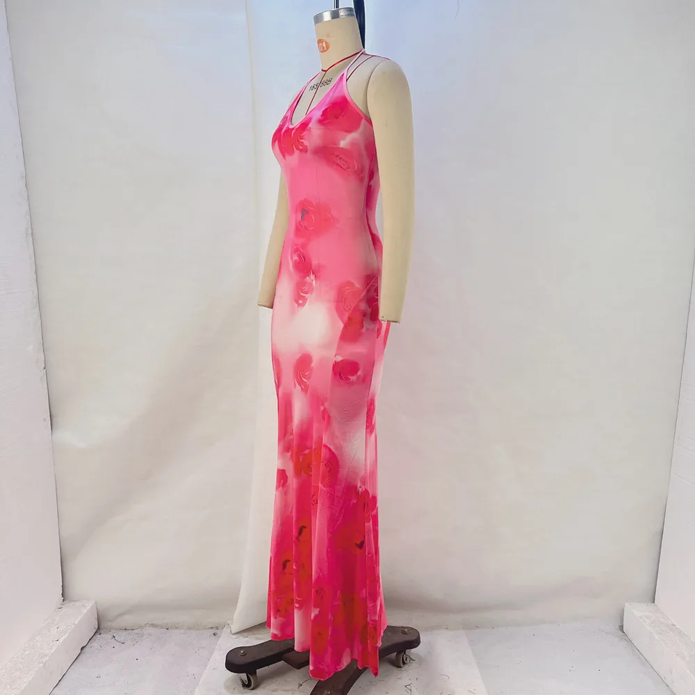 Women's Trumpet Dress Streetwear Halter Neck Printing Backless Sleeveless Tie Dye Midi Dress Beach Date display picture 2