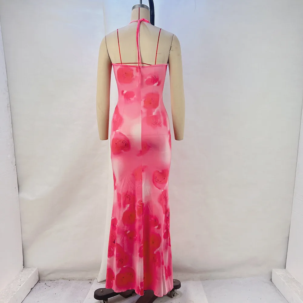 Women's Trumpet Dress Streetwear Halter Neck Printing Backless Sleeveless Tie Dye Midi Dress Beach Date display picture 3