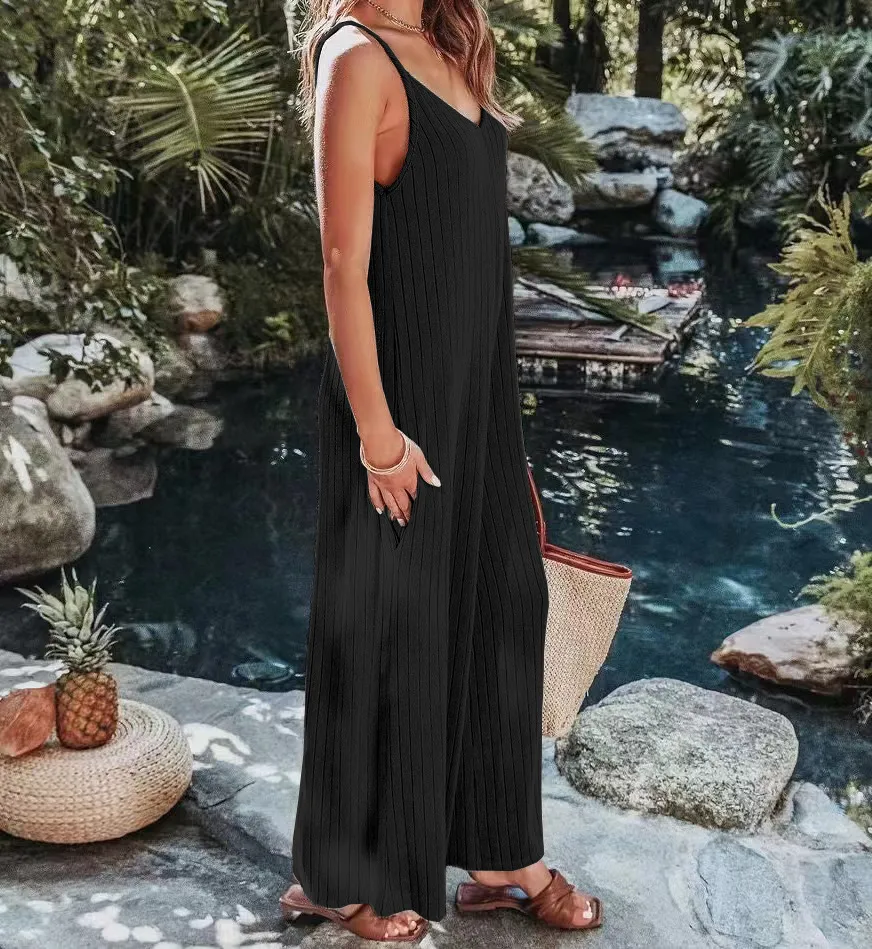 Summer  Women's One-Piece Suit Backless Solid Color Sexy European Trousers Casual Loose Cotton Fabric display picture 10
