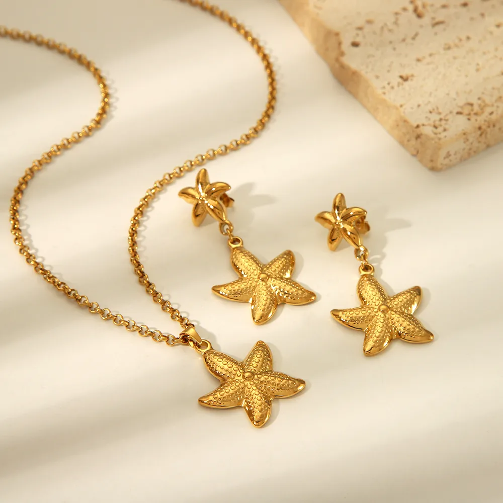 304 Stainless Steel 18K Gold Plated Hawaiian Vacation Classic Style Plating Starfish Earrings Necklace display picture 1