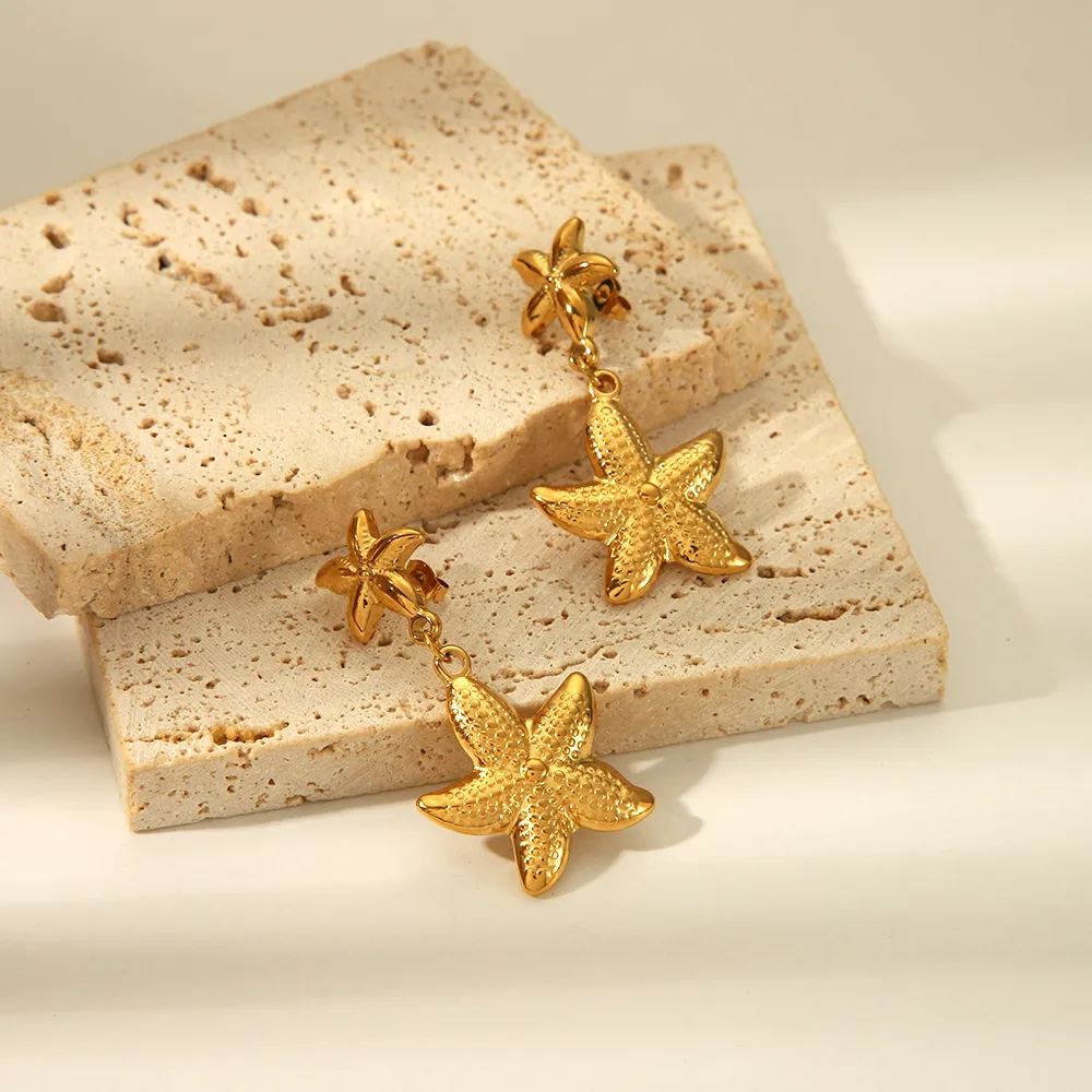 304 Stainless Steel 18K Gold Plated Hawaiian Vacation Classic Style Plating Starfish Earrings Necklace display picture 2