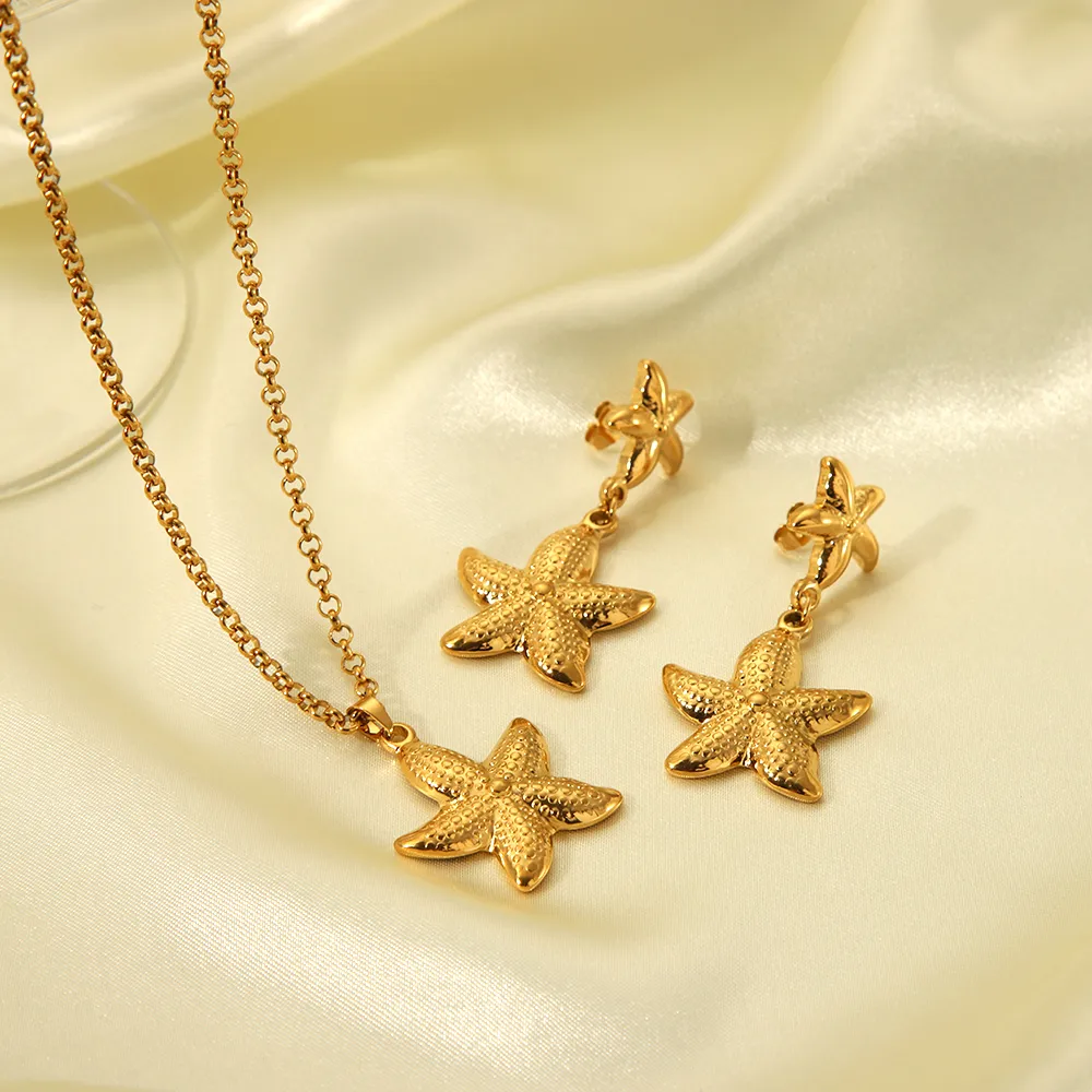 304 Stainless Steel 18K Gold Plated Hawaiian Vacation Classic Style Plating Starfish Earrings Necklace display picture 3