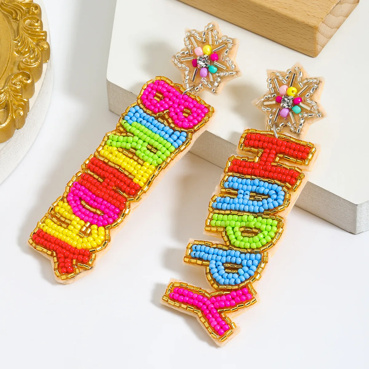 1 Pair IG Style Casual Letter Cake Beaded Handmade Inlay Plastic Seed Bead Rhinestones Drop Earrings display picture 8