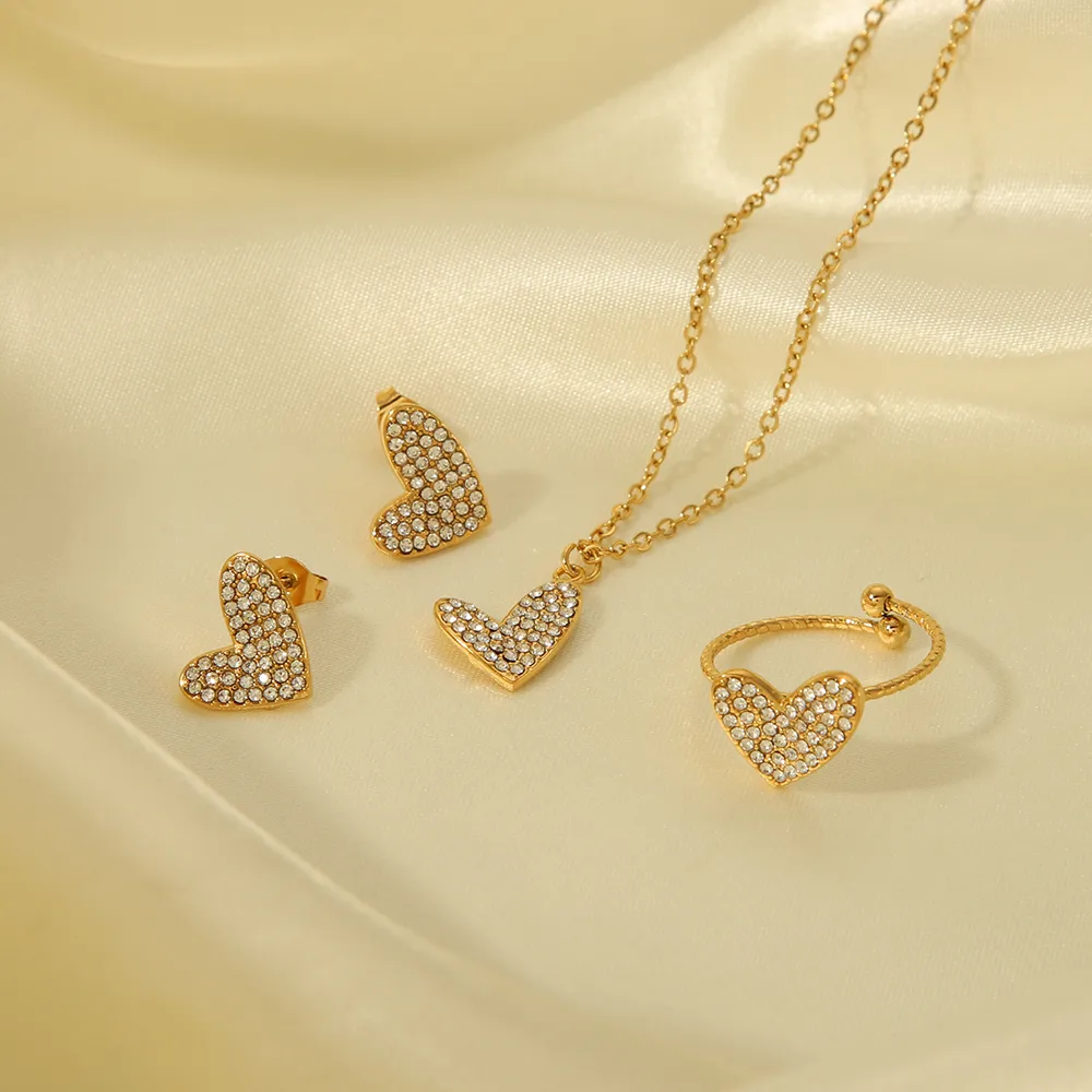 304 Stainless Steel 18K Gold Plated Basic Modern Style Classic Style Inlay Heart Shape Rhinestones Rings Earrings Necklace display picture 1