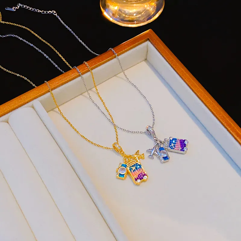 Wholesale Elegant Lady Camera Airplane 304 Stainless Steel Copper Enamel Hollow Out Inlay 18K Gold Plated K Gold Plated Zircon Pendant Necklace display picture 2