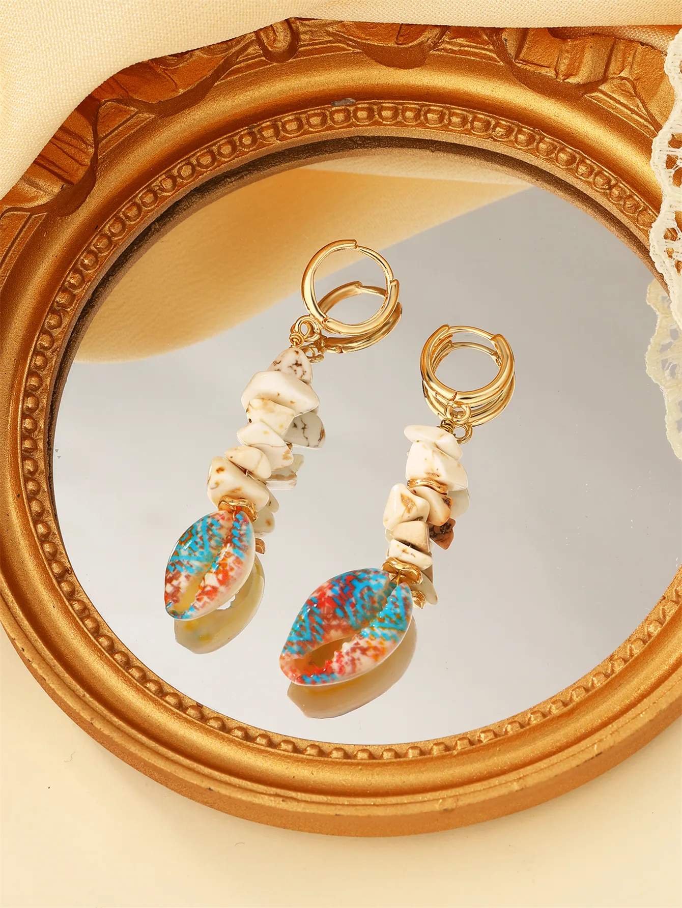 1 Pair Casual Beach Starfish Conch Shell Beaded Natural Stone 18K Gold Plated Drop Earrings display picture 6
