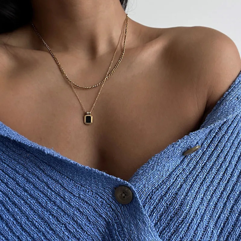 IG Style Simple Style Rectangle Resin Titanium Steel Inlay Resin 14K Gold Plated Unisex Layered Necklaces display picture 3