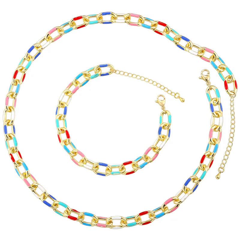Copper 18K Gold Plated Hip-Hop Beach Cool Style Patchwork Enamel Plating Color Block Copper Bracelets Necklace Jewelry Set display picture 9