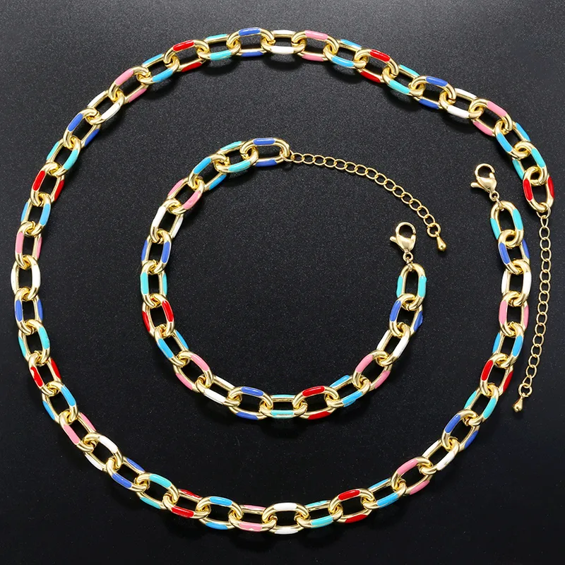 Copper 18K Gold Plated Hip-Hop Beach Cool Style Patchwork Enamel Plating Color Block Copper Bracelets Necklace Jewelry Set display picture 7