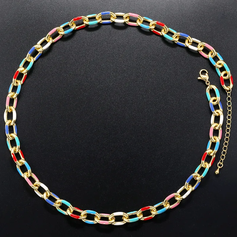 Copper 18K Gold Plated Hip-Hop Beach Cool Style Patchwork Enamel Plating Color Block Copper Bracelets Necklace Jewelry Set display picture 8