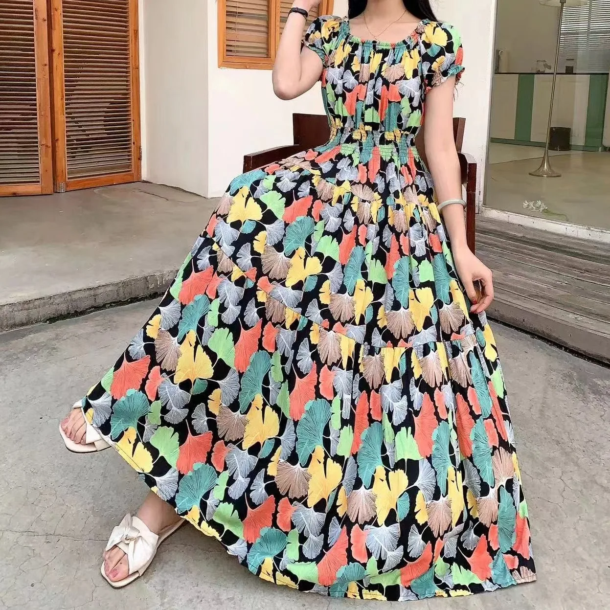 Women's Tea Dress Casual Elegant Vacation Boat Neck Elastic Waist Hollow Out Short Sleeve Leaves Midi Dress Casual Outdoor Daily display picture 2