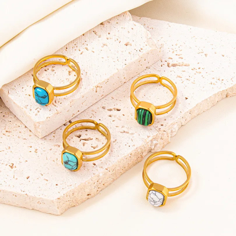 304 Stainless Steel 18K Gold Plated Vintage Style Classic Style Inlay Geometric Artificial Gemstones Imitating Stone Open Rings display picture 2