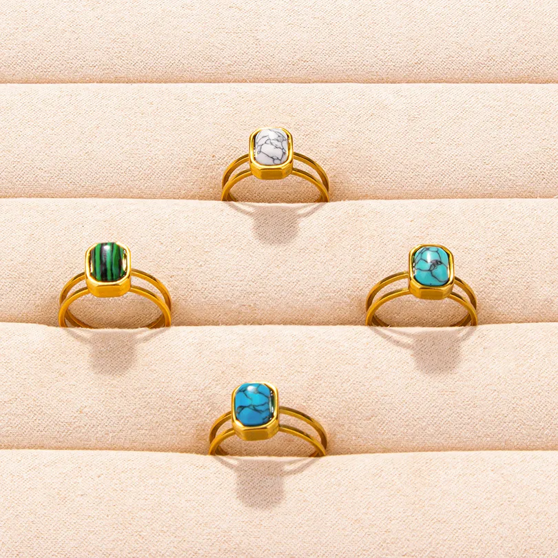 304 Stainless Steel 18K Gold Plated Vintage Style Classic Style Inlay Geometric Artificial Gemstones Imitating Stone Open Rings display picture 3